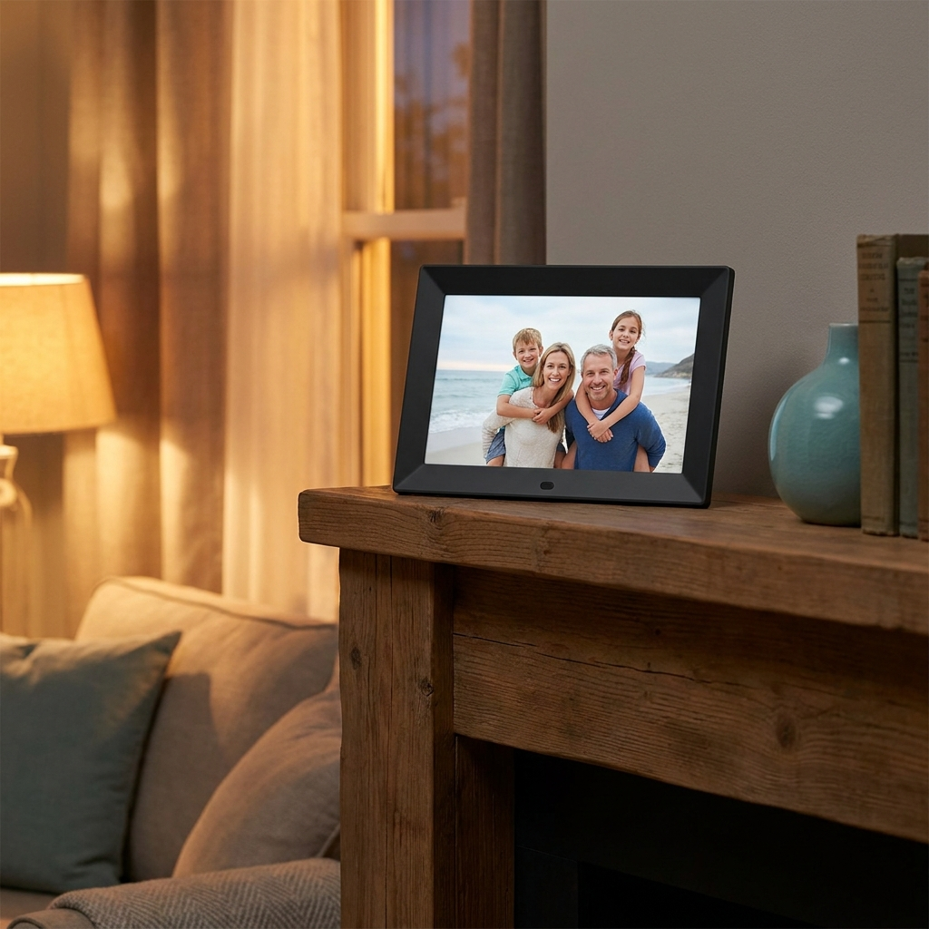 Phyzix Aura Photo Frame on a mantel
