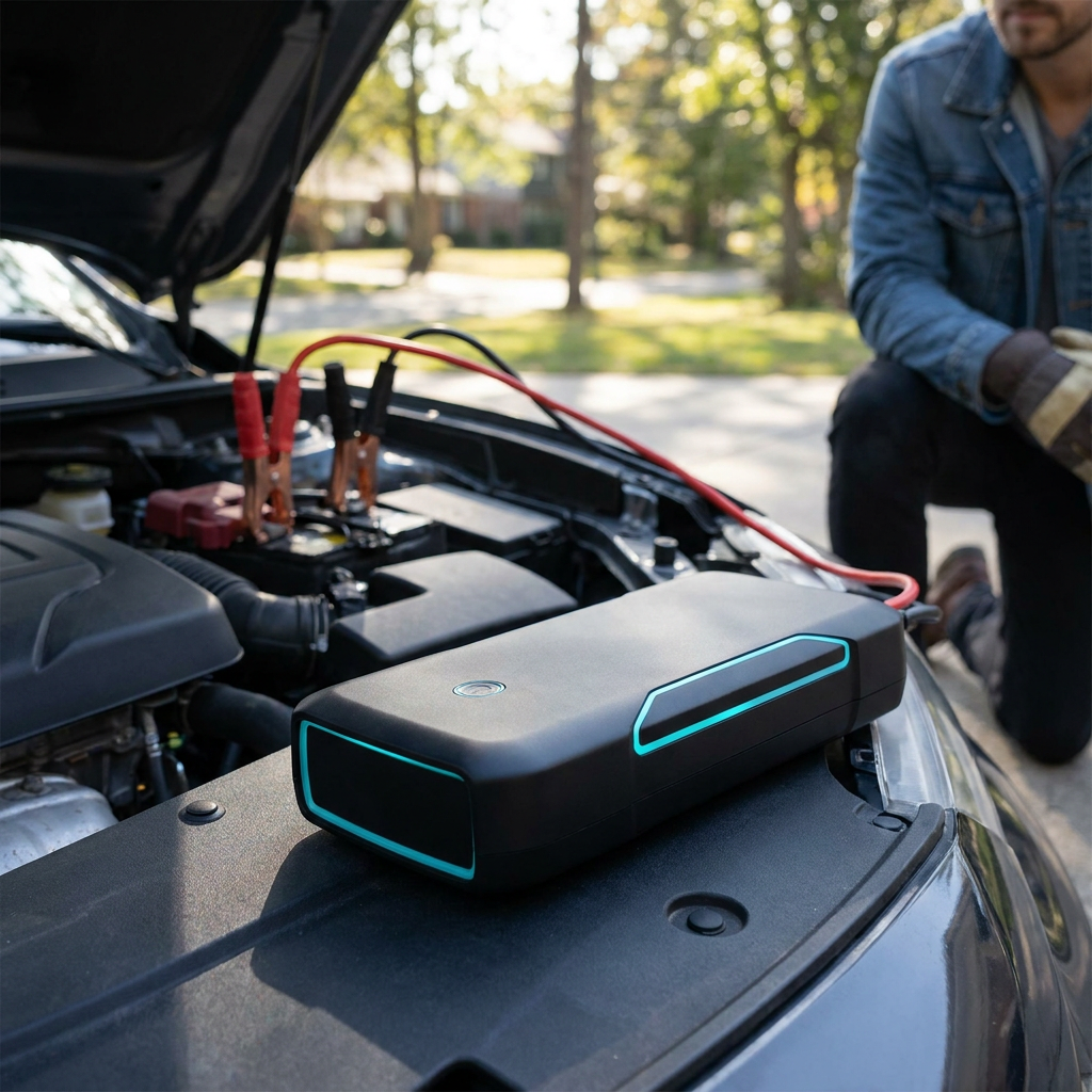 Phyzix Jump Starter jumping a car